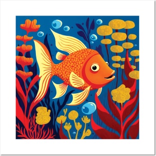 Cute Goldfish swimming in the sea with brightly coloured Seaweed Posters and Art